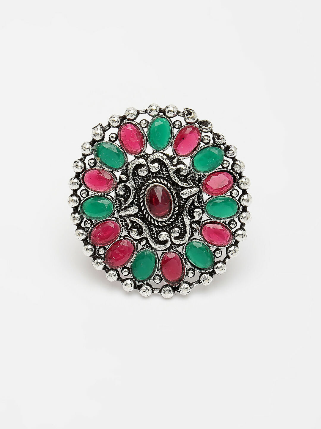 NVR Women's Multicolor Silver-Plated Circular Shape Adjustable Finger Ring | Swadesiicart