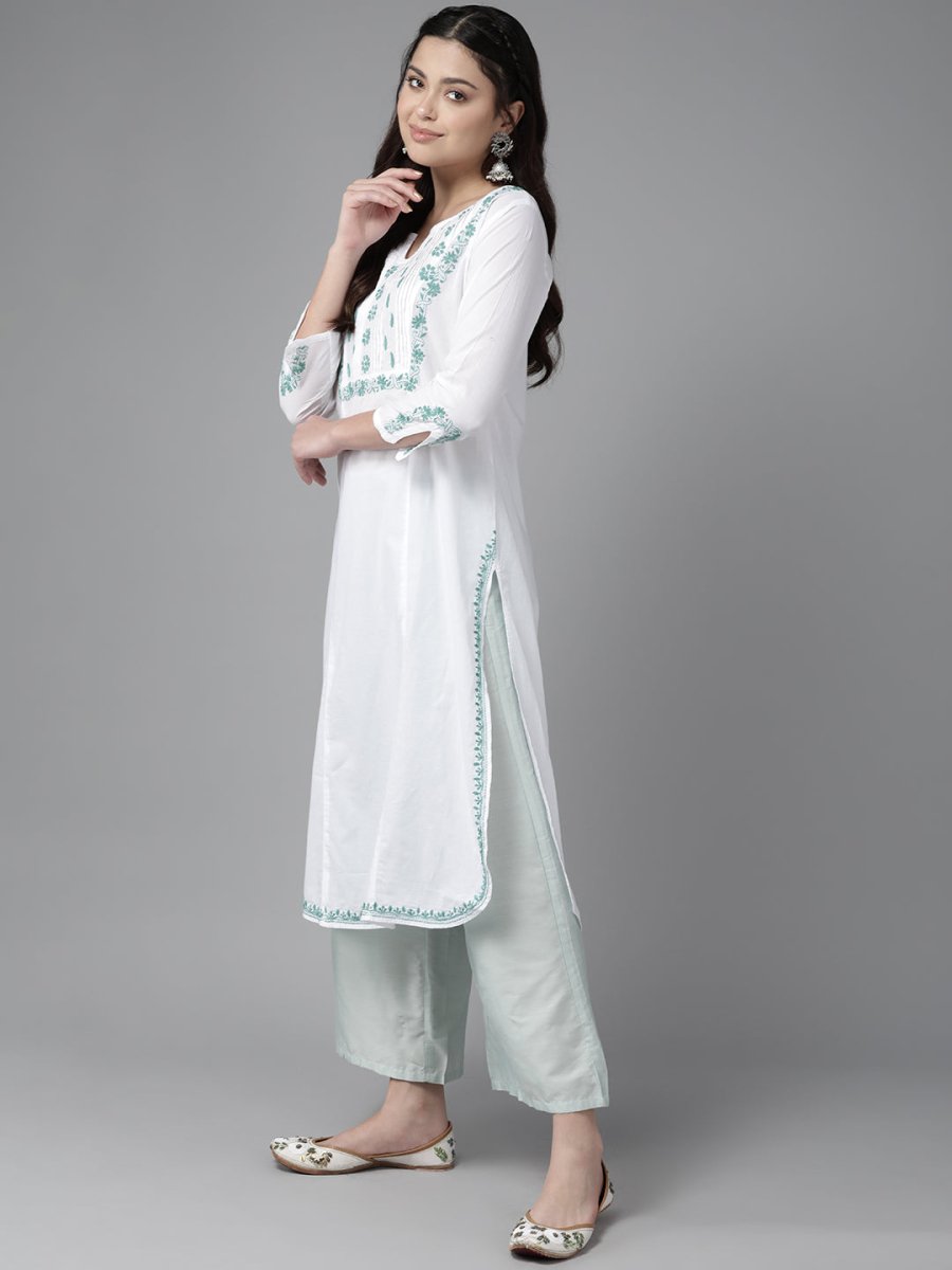 ADA Ethnic Motifs Embroidered Chikankari Floral Kurta | Swadesiicart