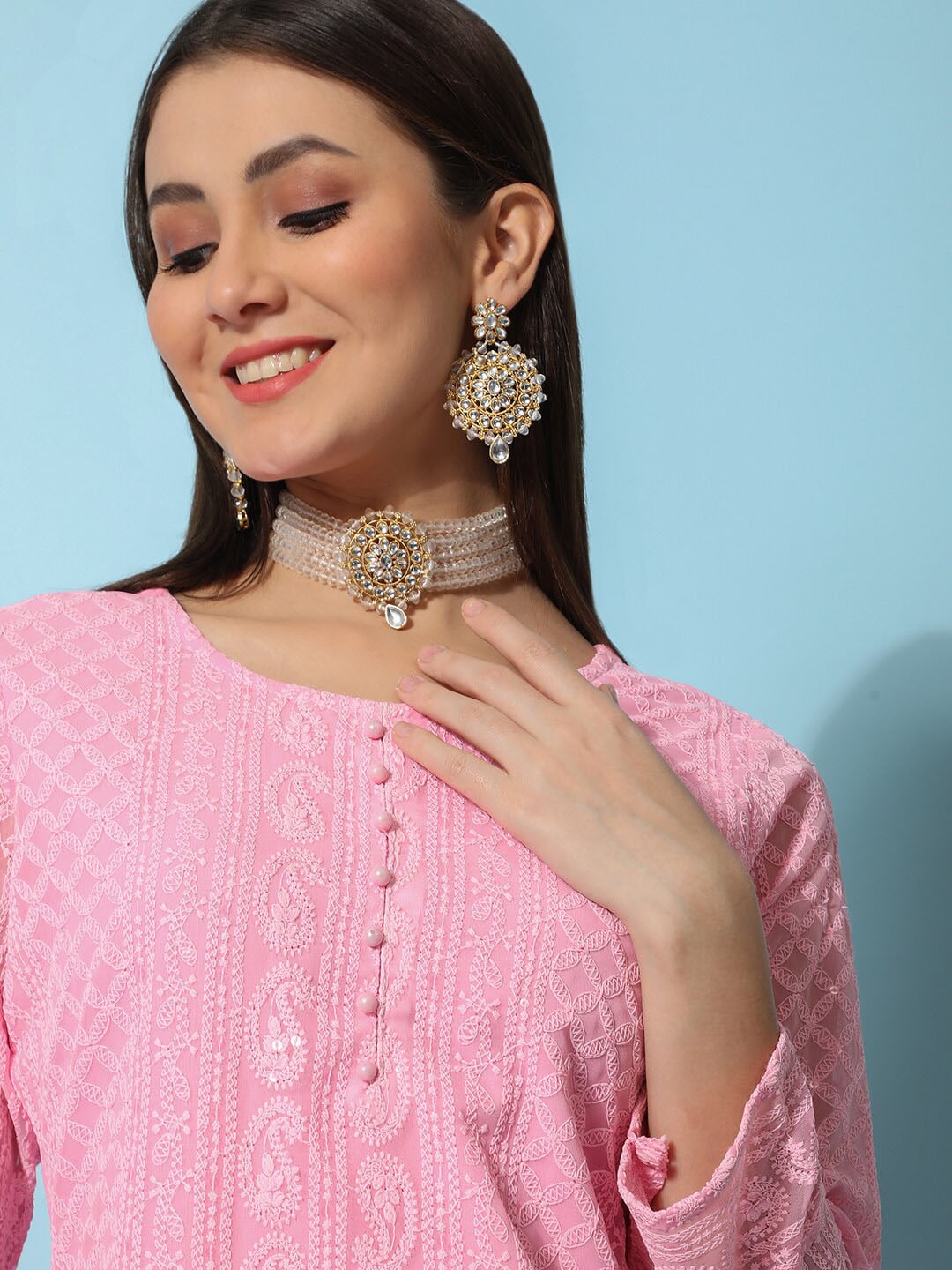 Kalini Ethnic Motifs Embroidered Chikankari Georgette Straight Kurta | Swadesiicart