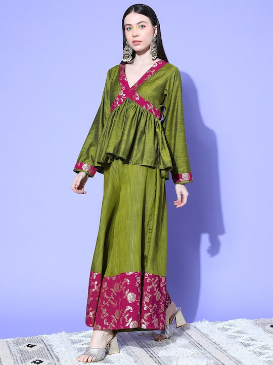 InWeave Women's Olive Wine Brocade Mughal Shaan Kurta Palazzo Set - Swadesiicart