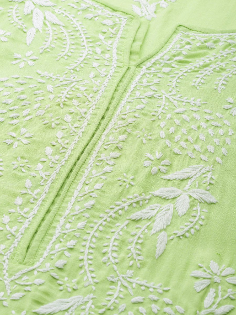 ADA Women Green & White Chikankari Embroidered Cotton Straight Sustainable Kurta | Swadesiicart