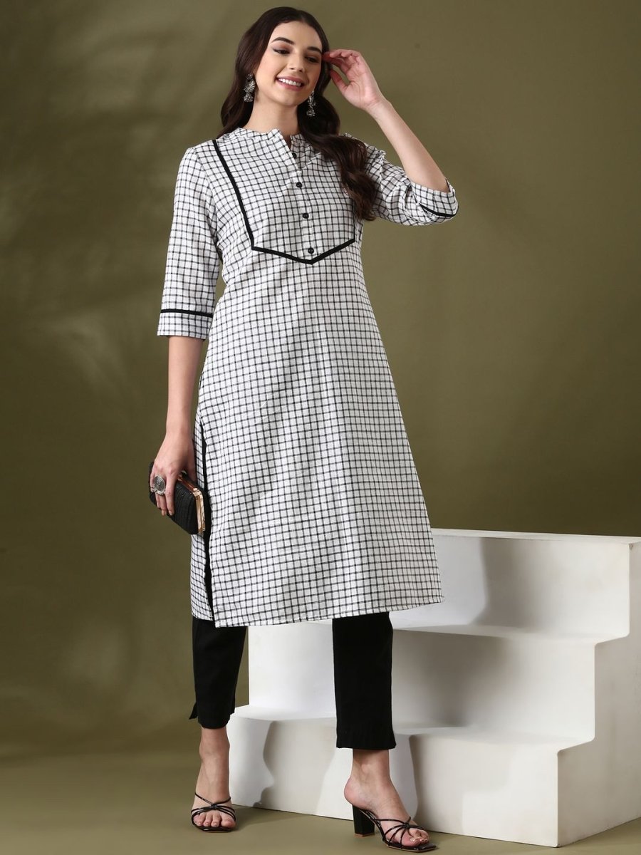 Anouk White Checked Mandarin Collar Pure Cotton Straight Kurta - Swadesiicart