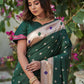 Vishnu Weaves Women's Bottle Green Banarasi Silk Zari Woven Paithani Saree with Unstitched Blouse - Swadesiicart