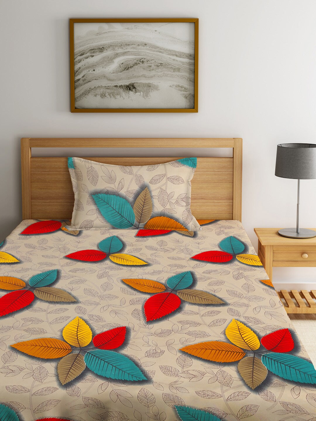 Home Sizzler Cream-Coloured & Red Floral 144 TC Bedsheet with Pillow Covers - Swadesiicart