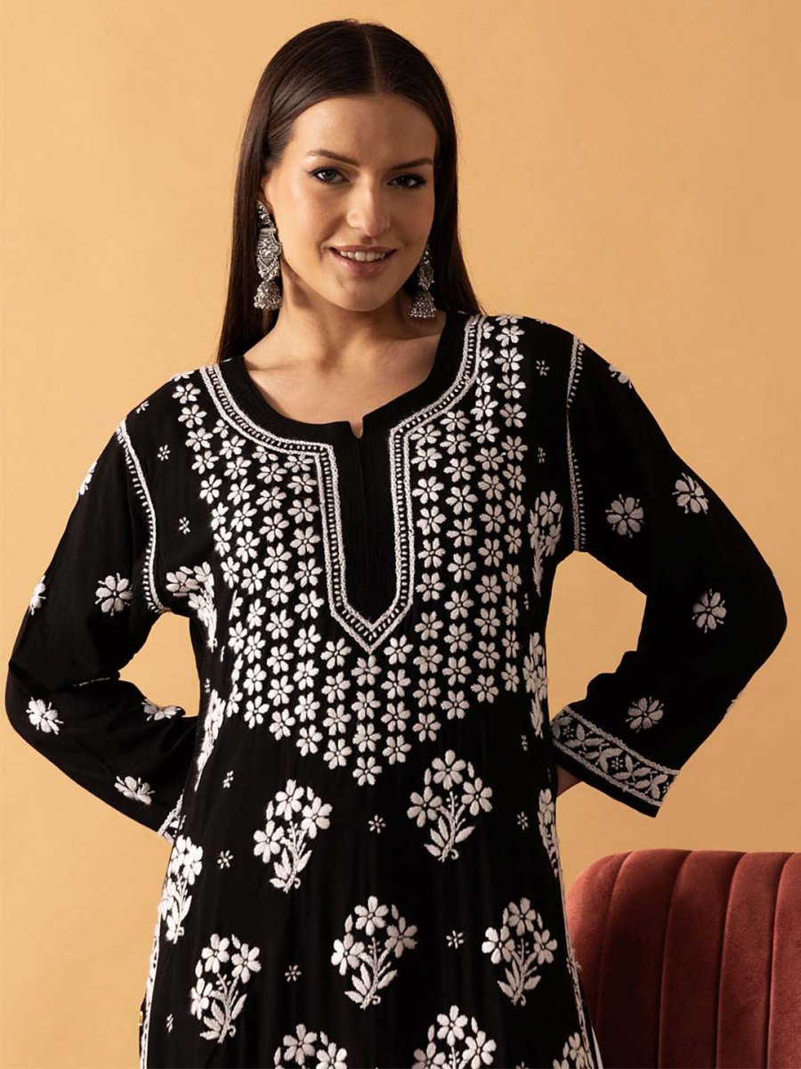 ADA Floral Printed Lucknowi Chikankari Kurta | Swadesiicart