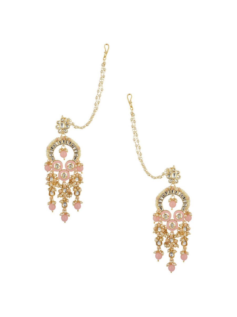 Anikas Creation Pink & Gold-Polished Kundan Contemporary Chandbalis With Ear Chain Earrings | Swadesiicart