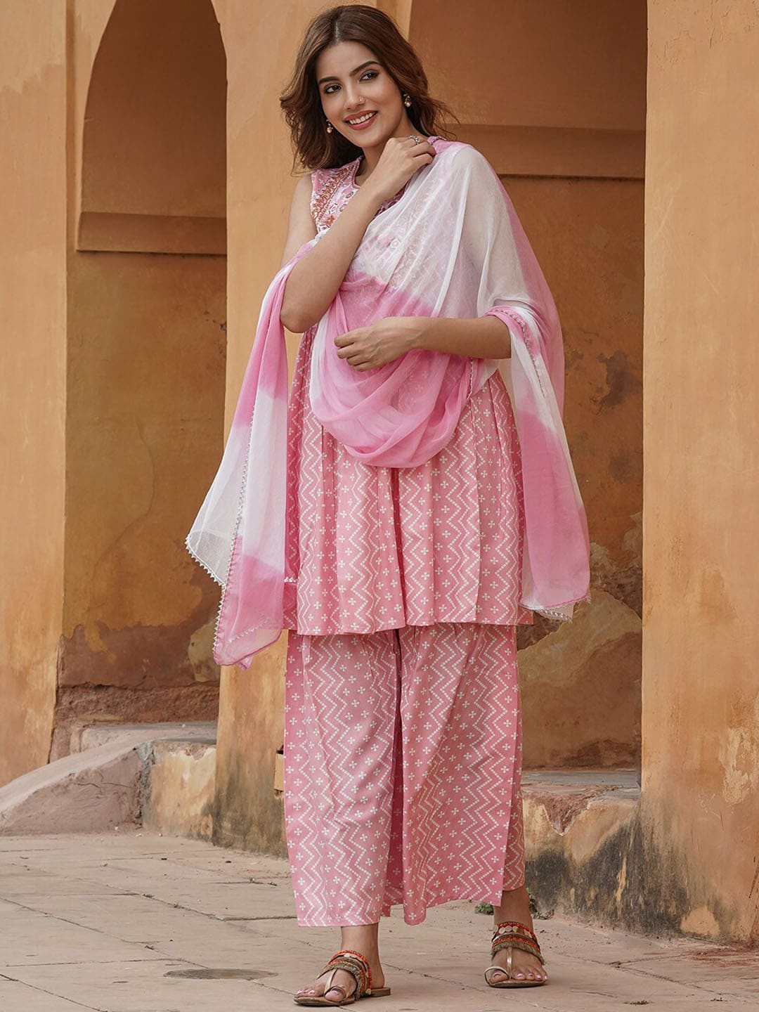 Kalini Geometric Printed Tie-Up Neck Thread Work A-Line Kurta with Sharara & Dupatta | Swadesiicart