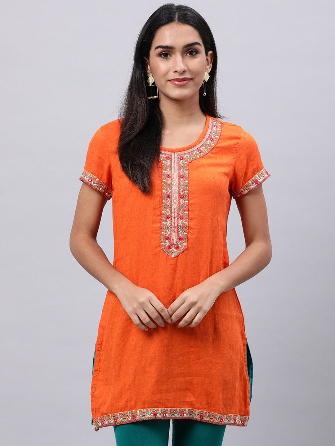 Souchii Orange Floral Embroidered Mirror Work Mirror Work Kurti - SOUCHII