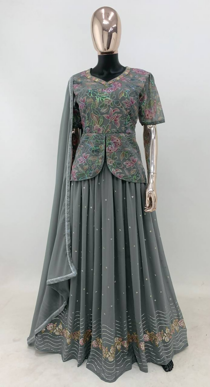 Lorenvalley Fashion Grey Faux Georgette Embroidery with Sequince Work Salwar Lehenga Stitched | Swadesiicart