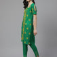 ADA Women Green & Yellow Paisley Chikankari Embroidered Sustainable Handloom Kurta with Trousers | Swadesiicart