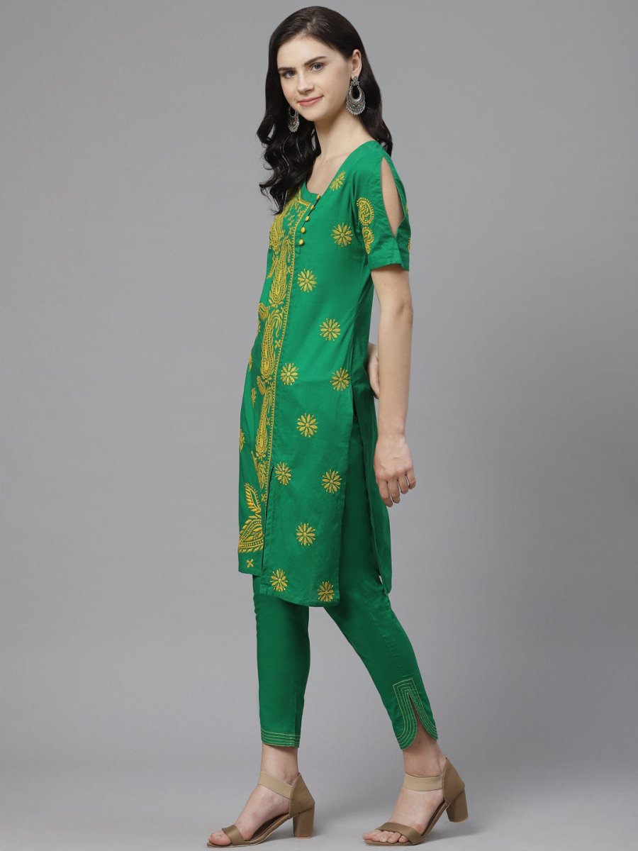 ADA Women Green & Yellow Paisley Chikankari Embroidered Sustainable Handloom Kurta with Trousers | Swadesiicart