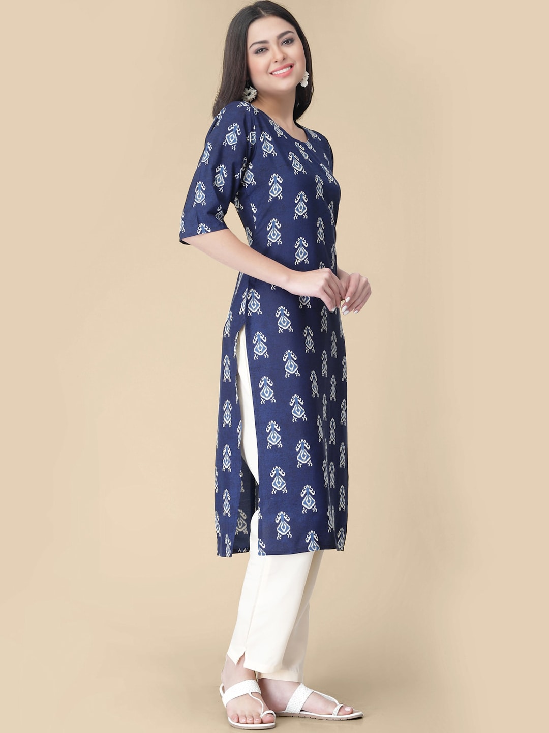 Kalini Ethnic Motifs Printed Round Neck Kurta with Trousers - Swadesiicart