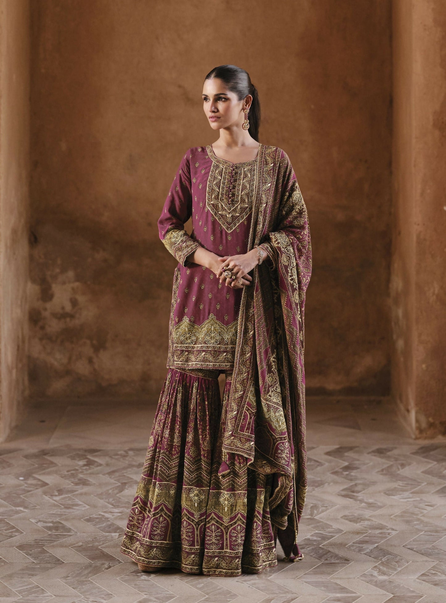 Anaita Maroon Silk Readymade Palazzo Suit with Swarovski Work