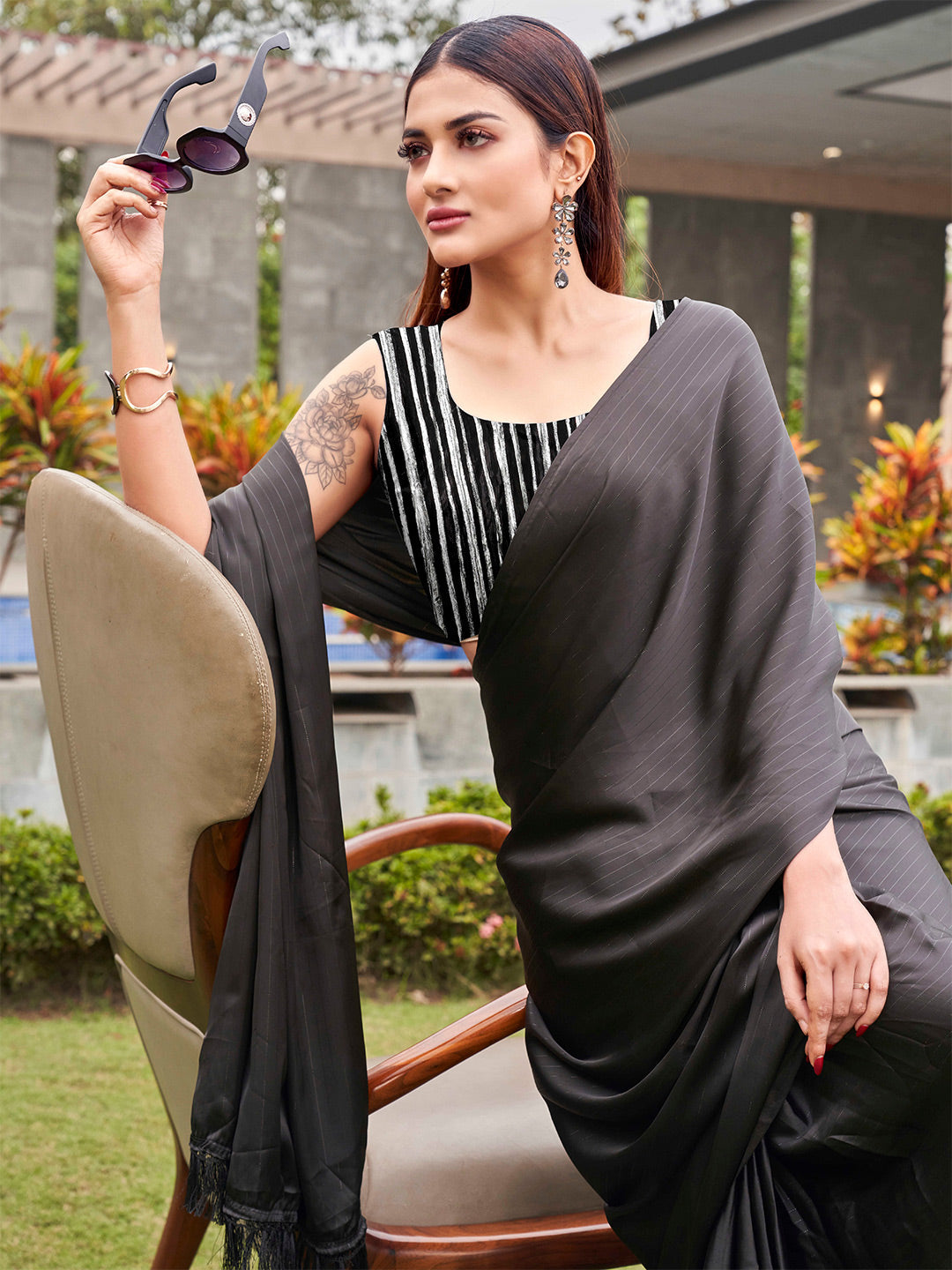 Tikhi Imli Striped Satin Ready to Wear Saree | Swadesiicart