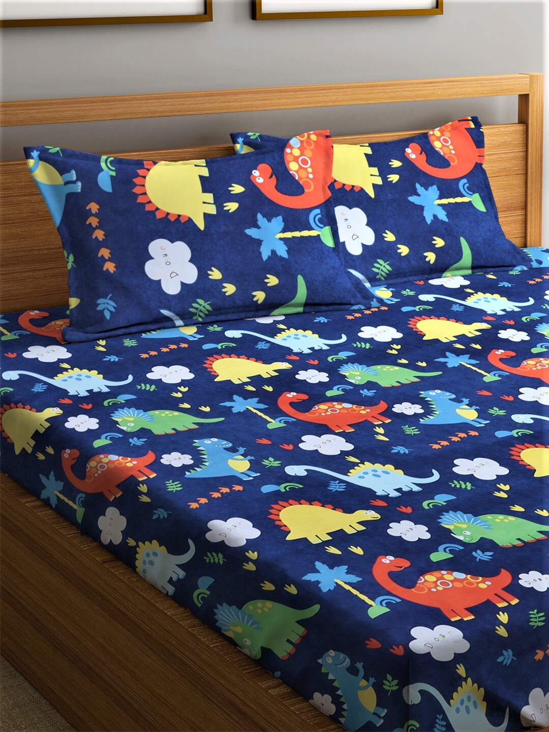 Home Sizzler Blue & Yellow Printed 210 TC Bedsheet with Pillow Covers - Swadesiicart