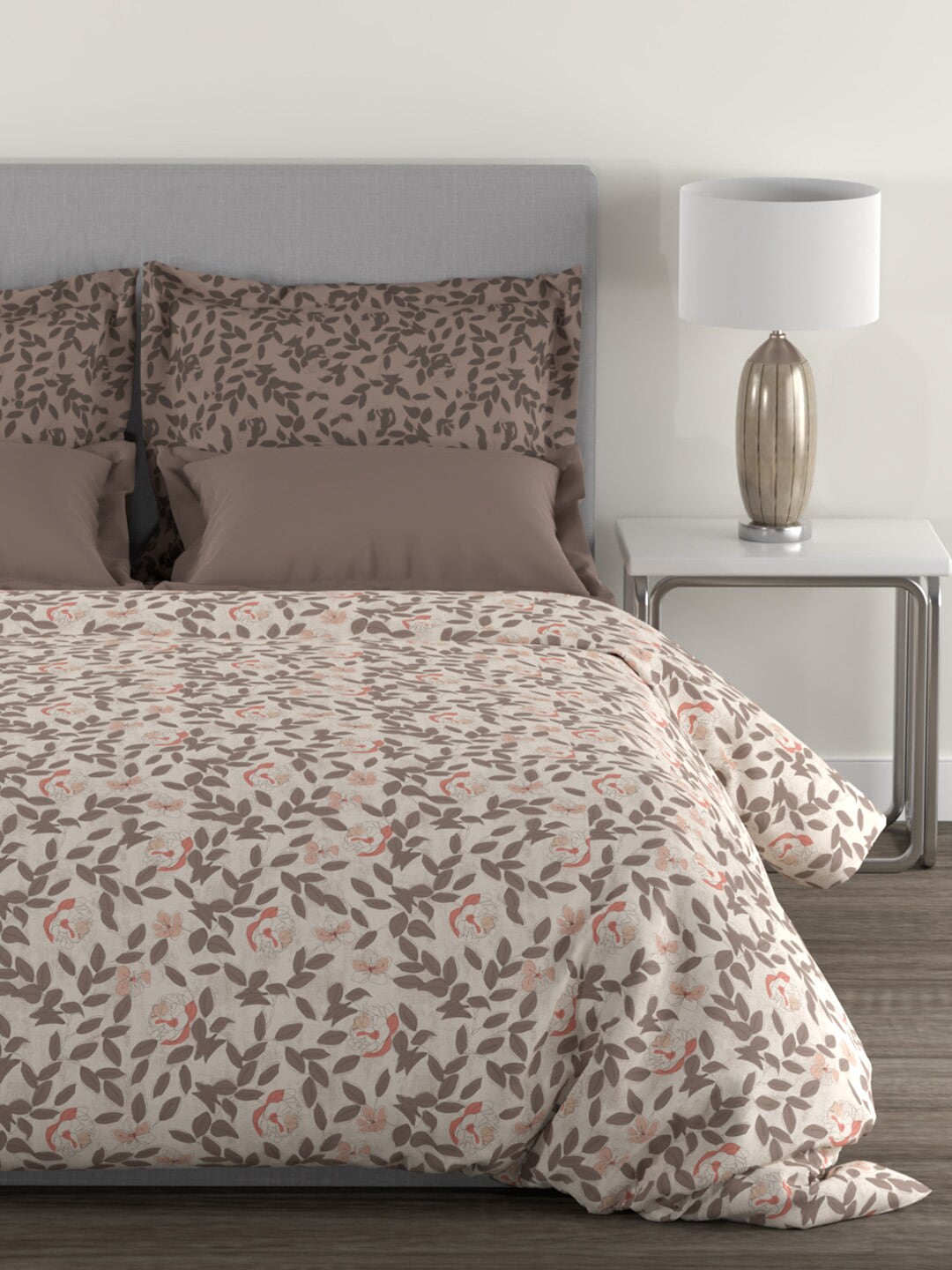 MYTRIDENT Brown White Floral Cotton 144 TC Queen Bedsheet With 2 Pillow Covers - Swadesiicart