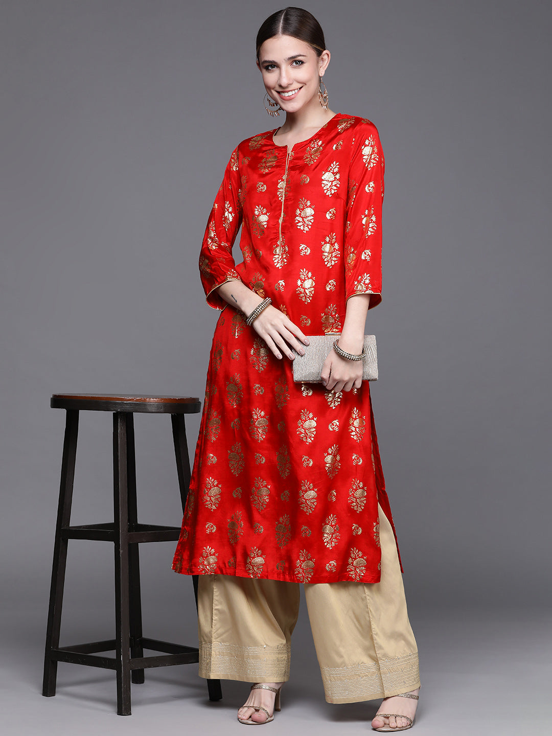 Biba Women Red Floral Foil Printed Kurta - Swadesiicart
