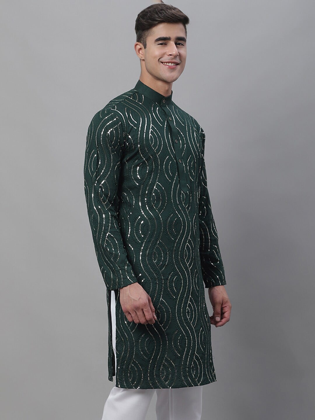 Sojanya Band Collar Sequined Pure Cotton Kurta | Swadesiicart