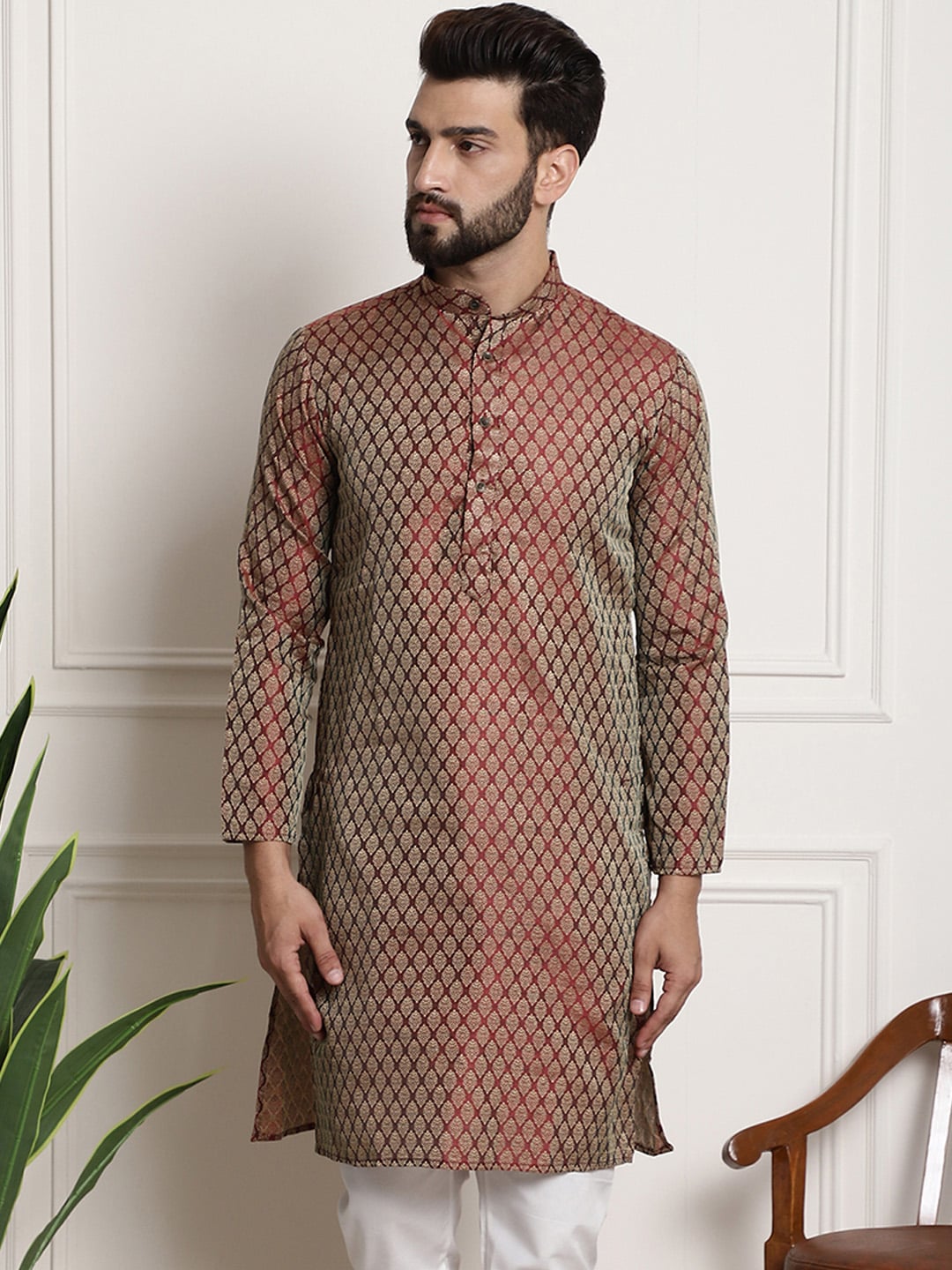 Sojanya Men Maroon & Golden Ethnic Motifs Jacquard Silk Kurta | Swadesiicart