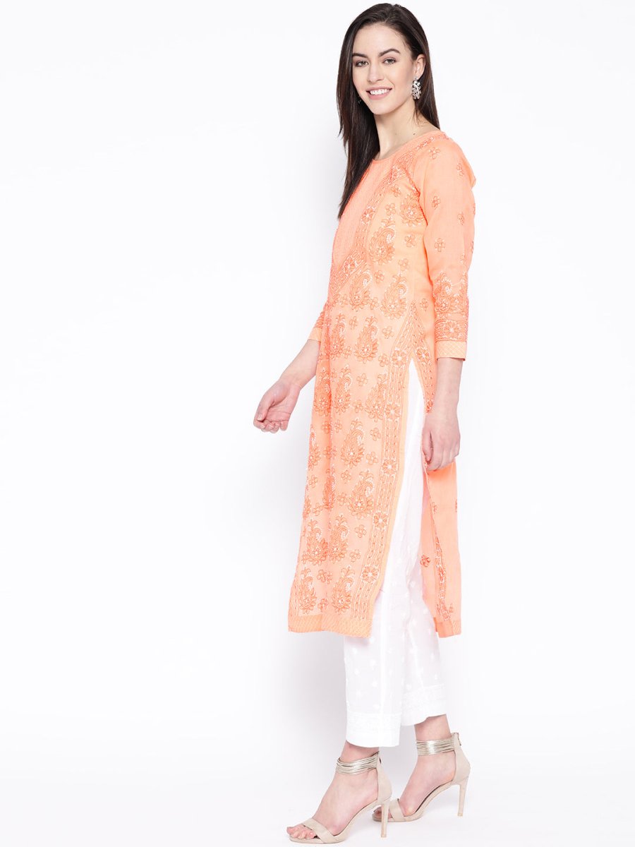 ADA Women Peach-Coloured & White Chikankari Embroidered Sustainable Handloom Kurta with Trousers | Swadesiicart
