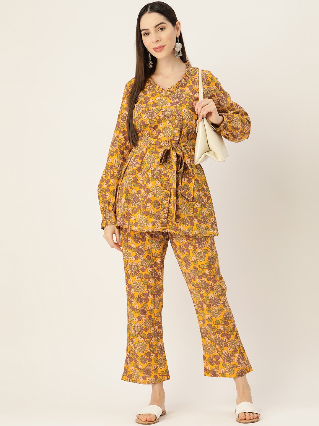 InWeave Mustard Kalamkari Print Co Ord Set With Belt - Swadesiicart