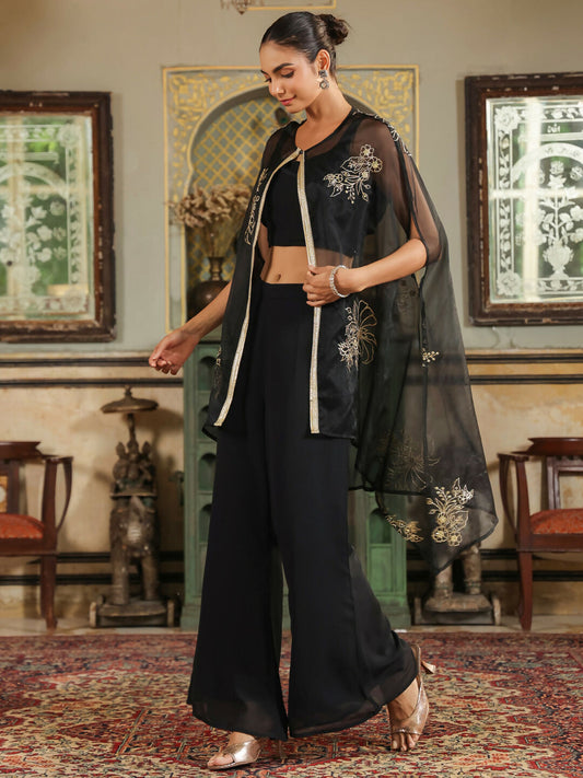 Janasya Black Georgette Solid Top Bottom Cape | Swadesiicart