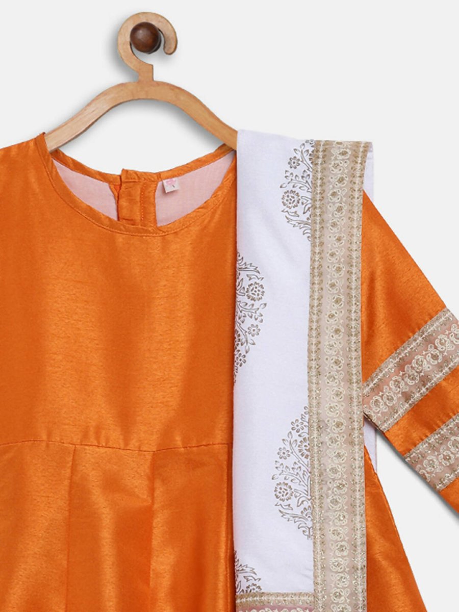 Ahalyaa Orange Poly Silk Anarkali Kids Kurta With Dupatta Set For Girls | Swadesiicart