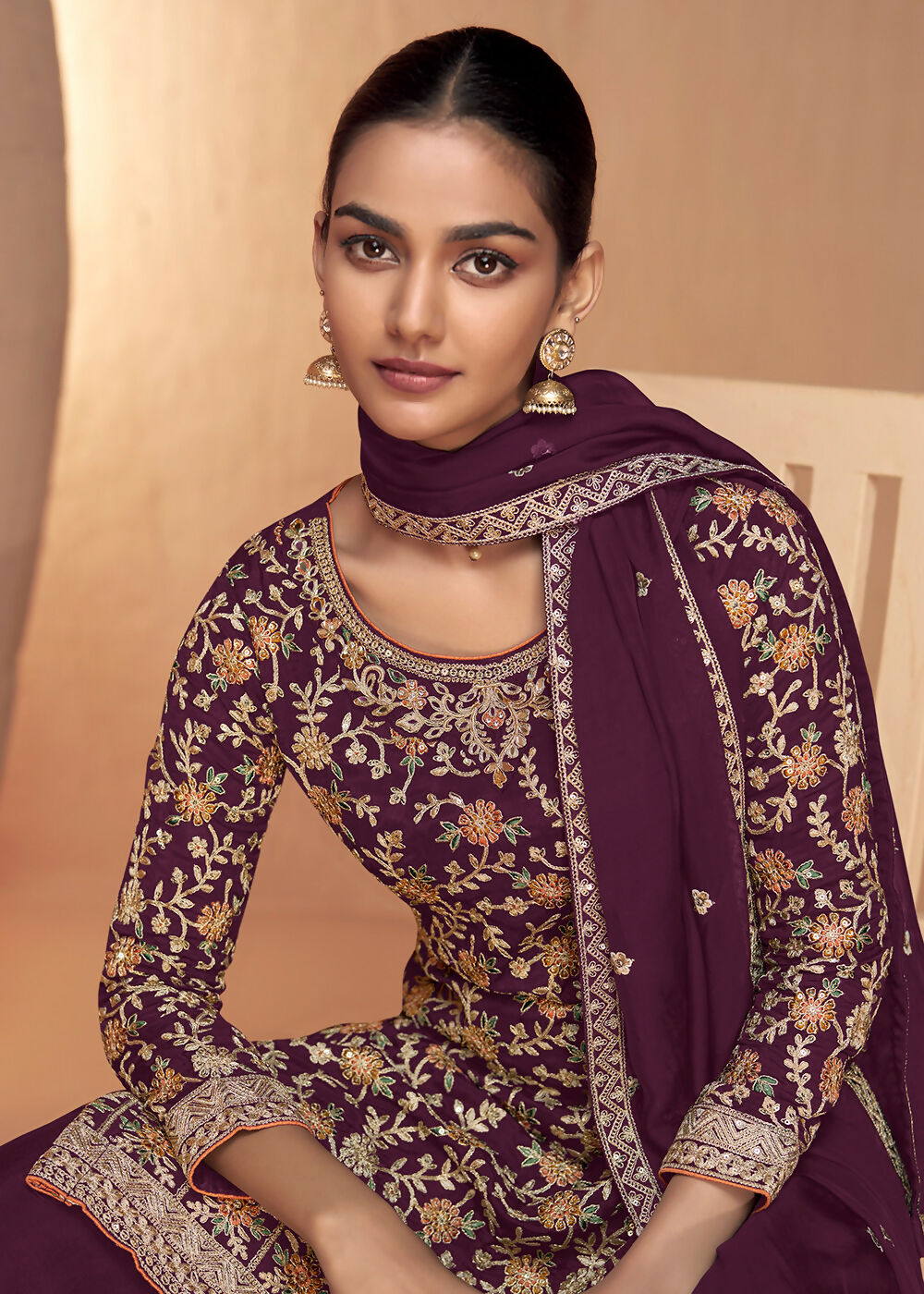 Wine Real Chinnon Embroidered Wedding Festive Palazzo Suit - Emponline | Swadesiicart