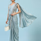 Sky Blue Silk Satin Plain Ready to wear Saree with stitched Blouse - Vrinda | Swadesiicart