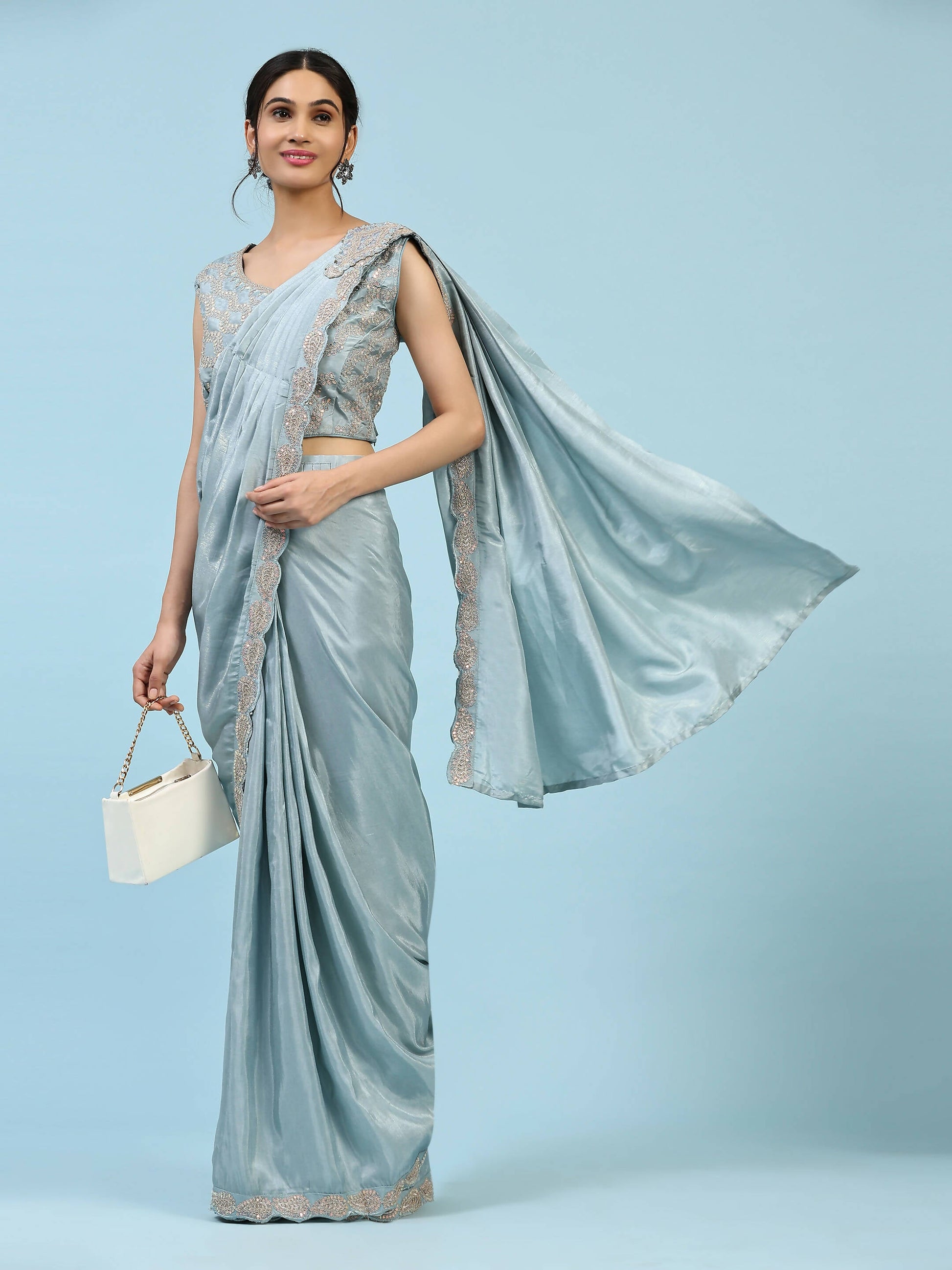 Sky Blue Silk Satin Plain Ready to wear Saree with stitched Blouse - Vrinda | Swadesiicart