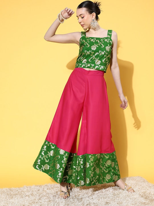 InWeave Women's Green Brocade Strappy Top W Fuchsia Green Brocade Palazzo Set - Swadesiicart