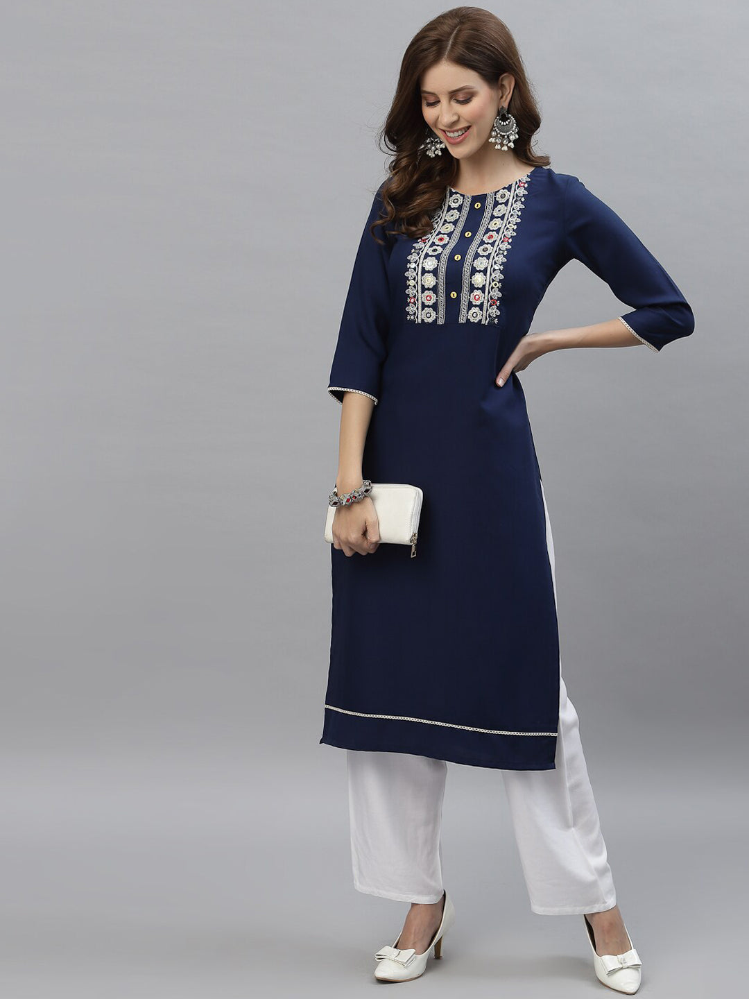 Kalini Women Blue Poly Viscose Rayon Embroidered Kurta | Swadesiicart