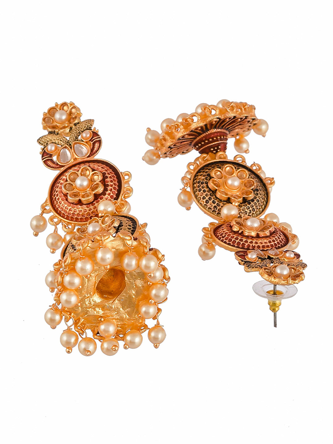 Shoshaa Maroon & Green Gold-Polished Contemporary Jhumkas Earrings | Swadesiicart