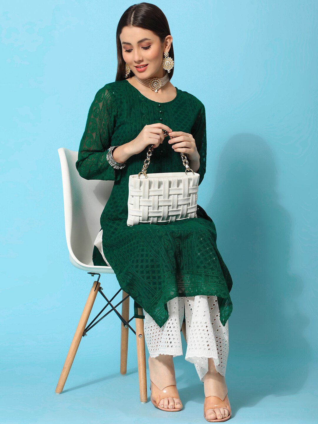 Kalini Ethnic Motifs Embroidered Chikankari Georgette Kurta | Swadesiicart