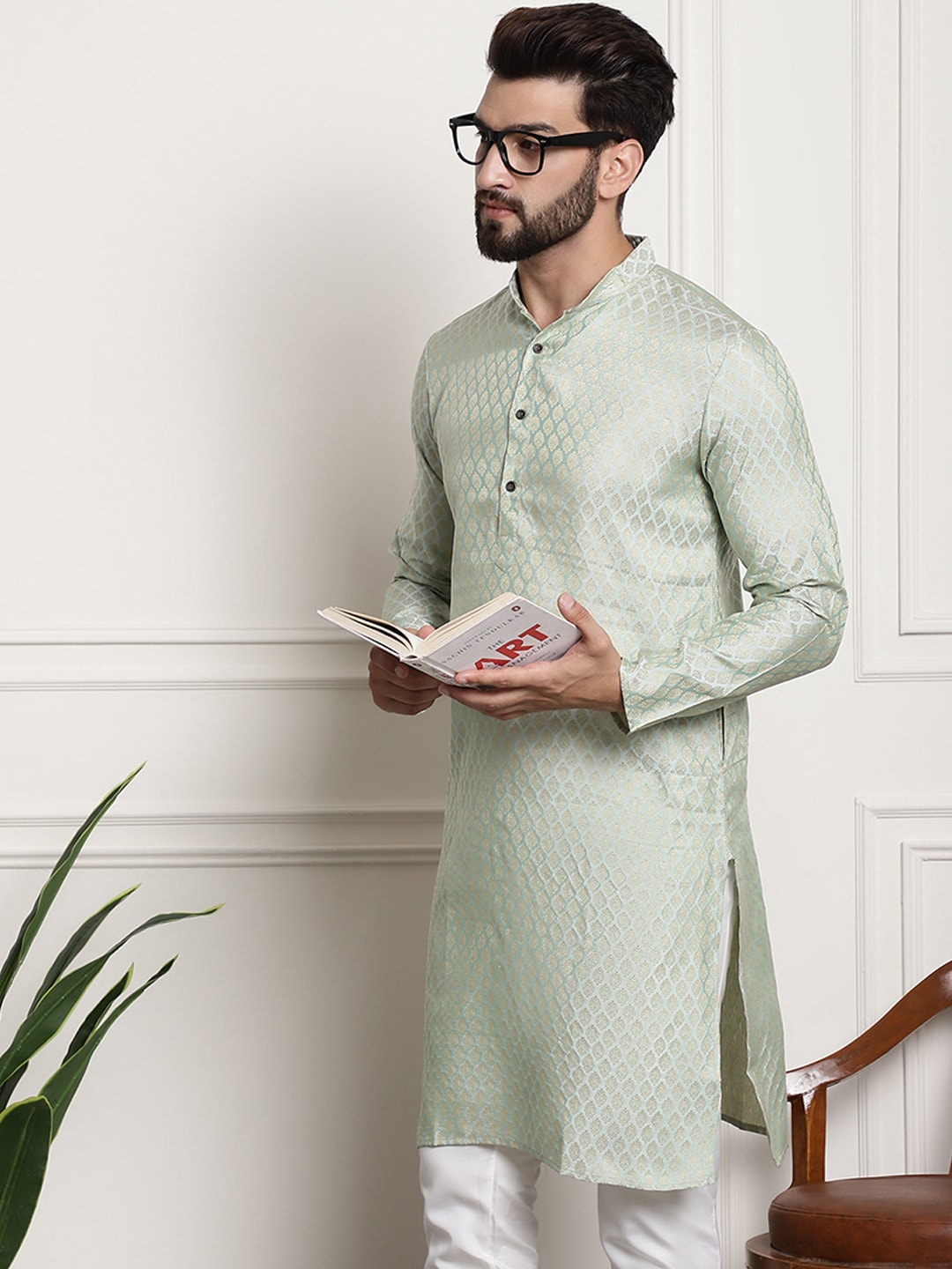 Sojanya Men Green & Beige Ethnic Motifs Jacquard Woven Design Straight Kurta | Swadesiicart