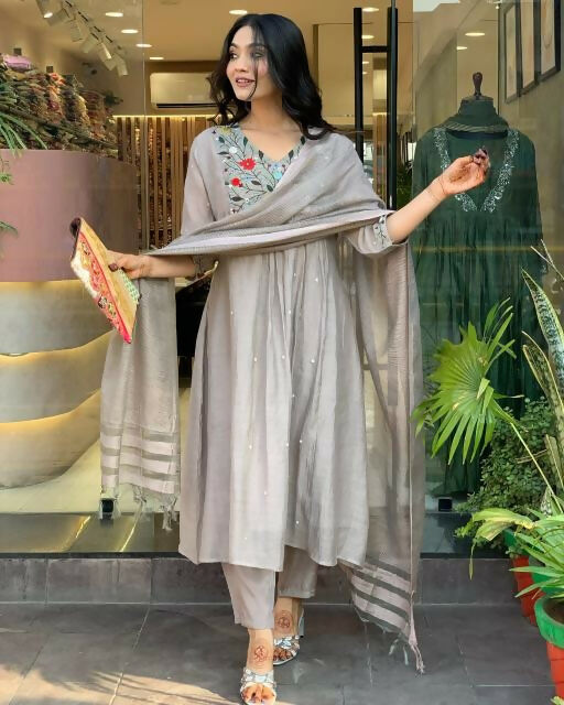 The52 Grey Women's Gorgeous Chinon Viscose Fabric Embroidered Work Straight Kurta Pant and Dupatta Set - Swadesiicart