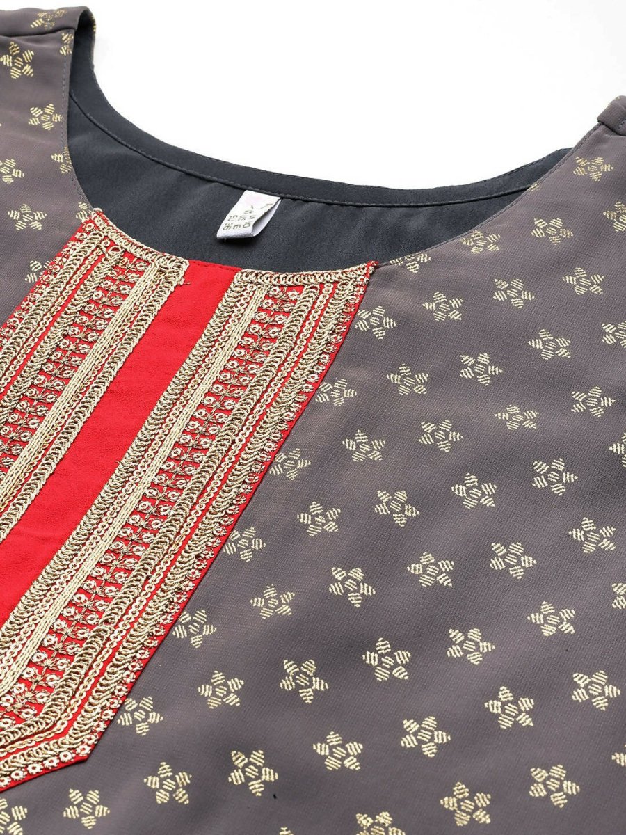 Ahalyaa Women Ethnic Motifs Printed Pleated Sequinned Kurta with Trousers - Grey Color | Swadesiicart