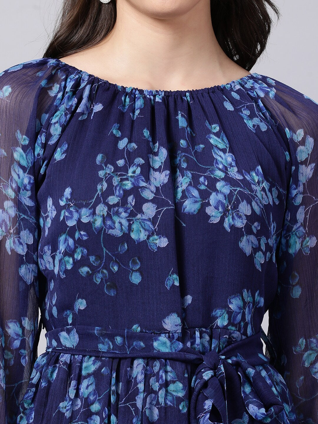 Souchii Navy Blue Floral Layered Chiffon A-Line Midi Dress - Swadesiicart