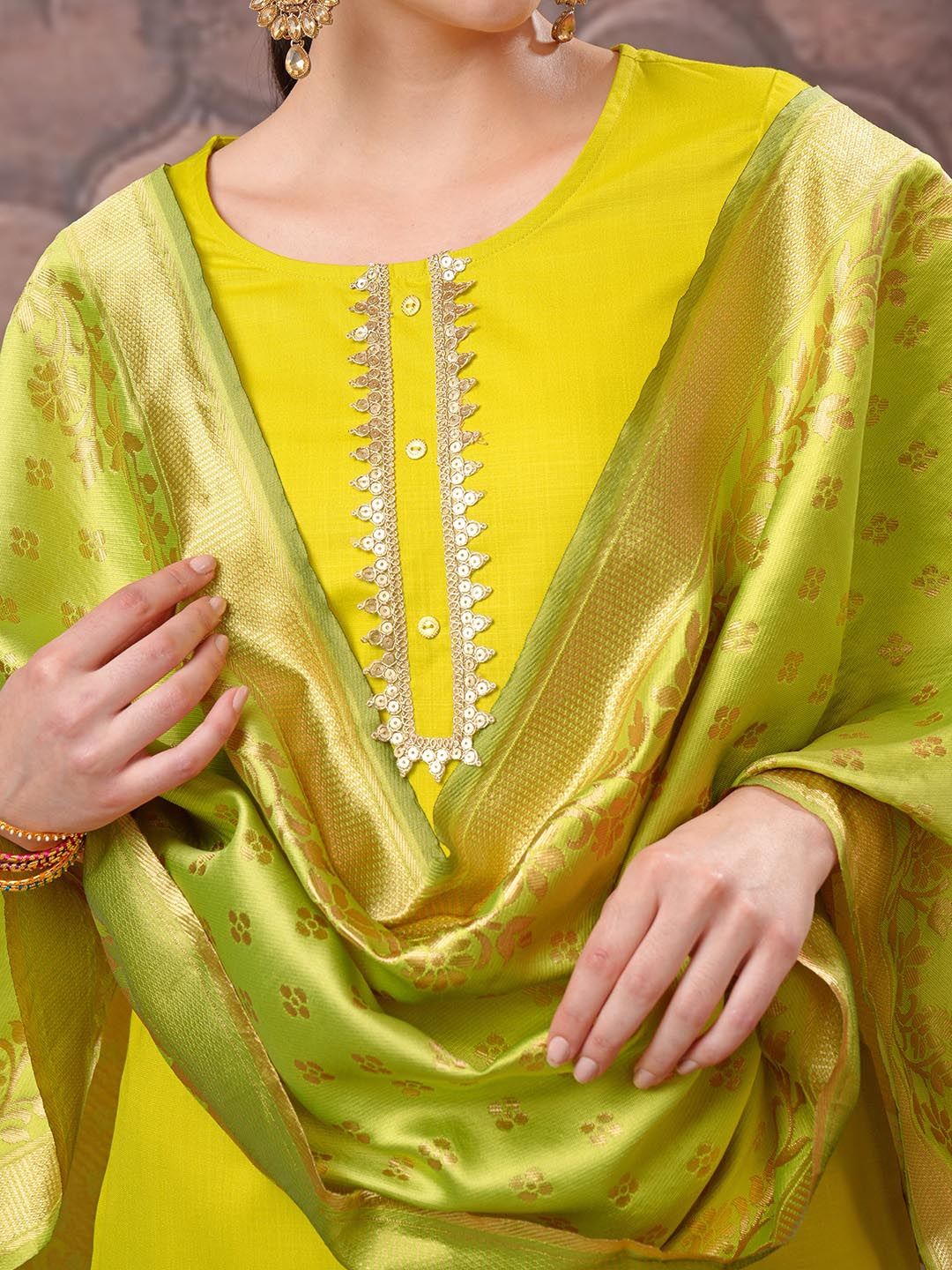 Vishudh Lime Green Gotta Patti Straight Kurta with Palazzo & Dupatta - Swadesiicart