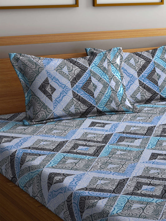 BOMBAY DYEING Epigram Blue & Grey Ethnic Cotton 120 TC Queen Bedsheet With 2 Pillow Covers - Swadesiicart