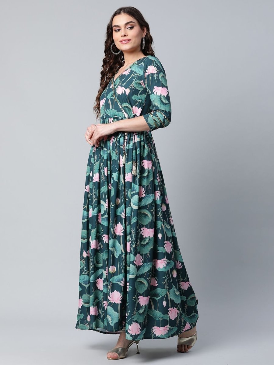 Ahalyaa Women Dark Green Crepe Digital Print Dress | Swadesiicart