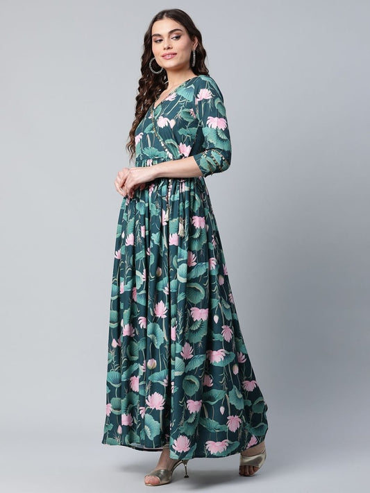 Ahalyaa Women Dark Green Crepe Digital Print Dress | Swadesiicart