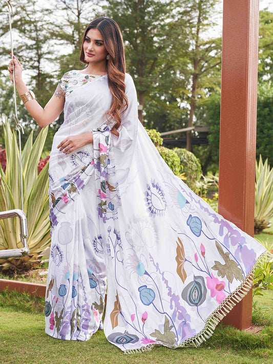 Tikhi Imli White Floral Printed Saree | Swadesiicart
