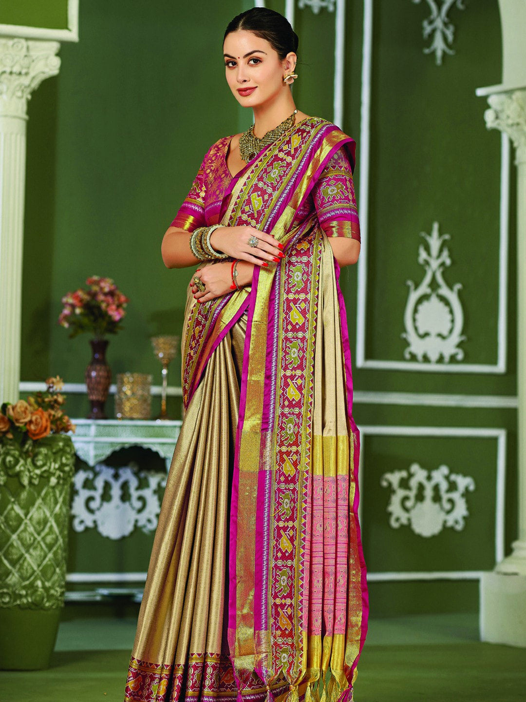 Mitera Beige & Pink Zari Pure Silk Banarasi Saree | Swadesiicart