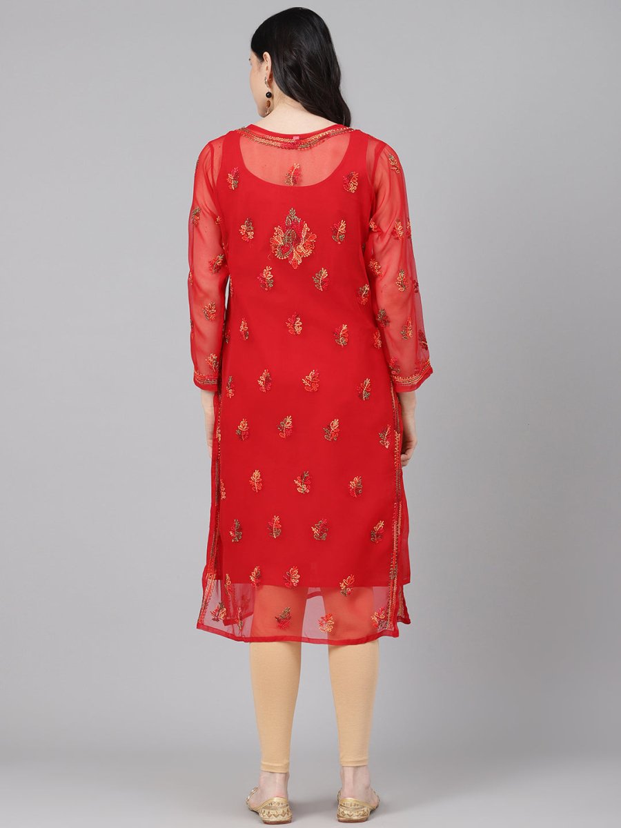 ADA Women Red & Yellow Sheer Chikankari Embroidered Straight Sustainable Handloom Kurta with Inner | Swadesiicart