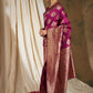 Sangria Burgundy & Gold-Toned Ethnic Motifs Woven Design Zari Silk Blend Banarasi Saree | Swadesiicart
