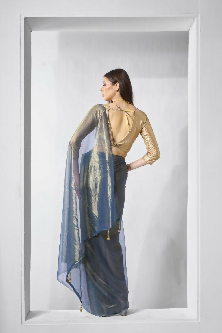 Blue Gold Tissue Net Solid & Gold Cotted Saree - Samaa