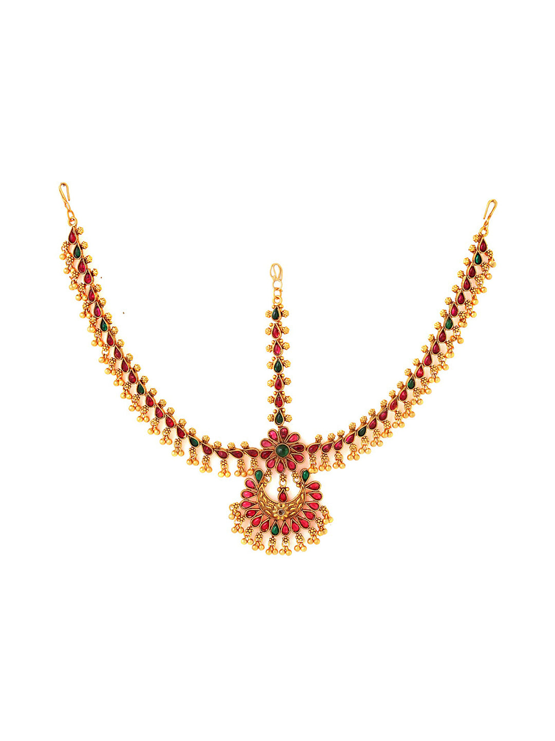 Yellow Chimes Gold-Toned Green Kundan Layered Temple Bridal Traditional Matha Patti | Swadesiicart