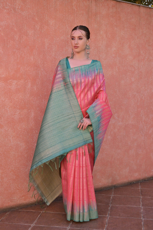 Vishnu Weaves Women's Pink Tussar Silk Woven Saree with Blouse - Swadesiicart