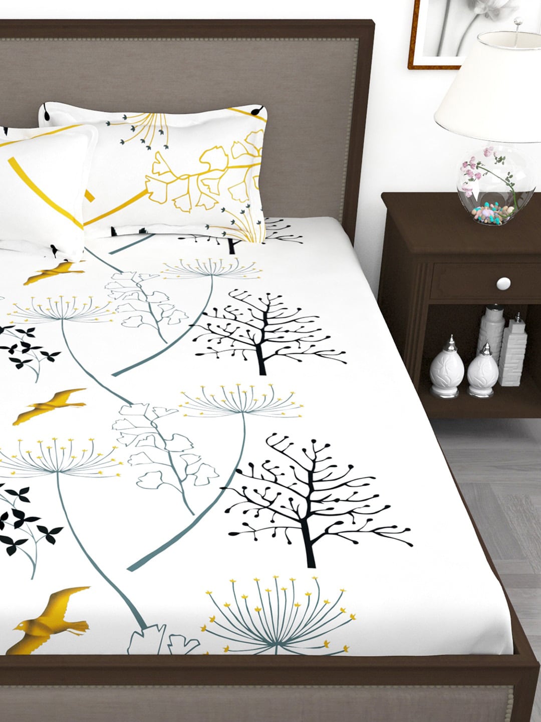 Story@home White & Blue Floral King Bedsheet with 2 Pillow Covers - Swadesiicart